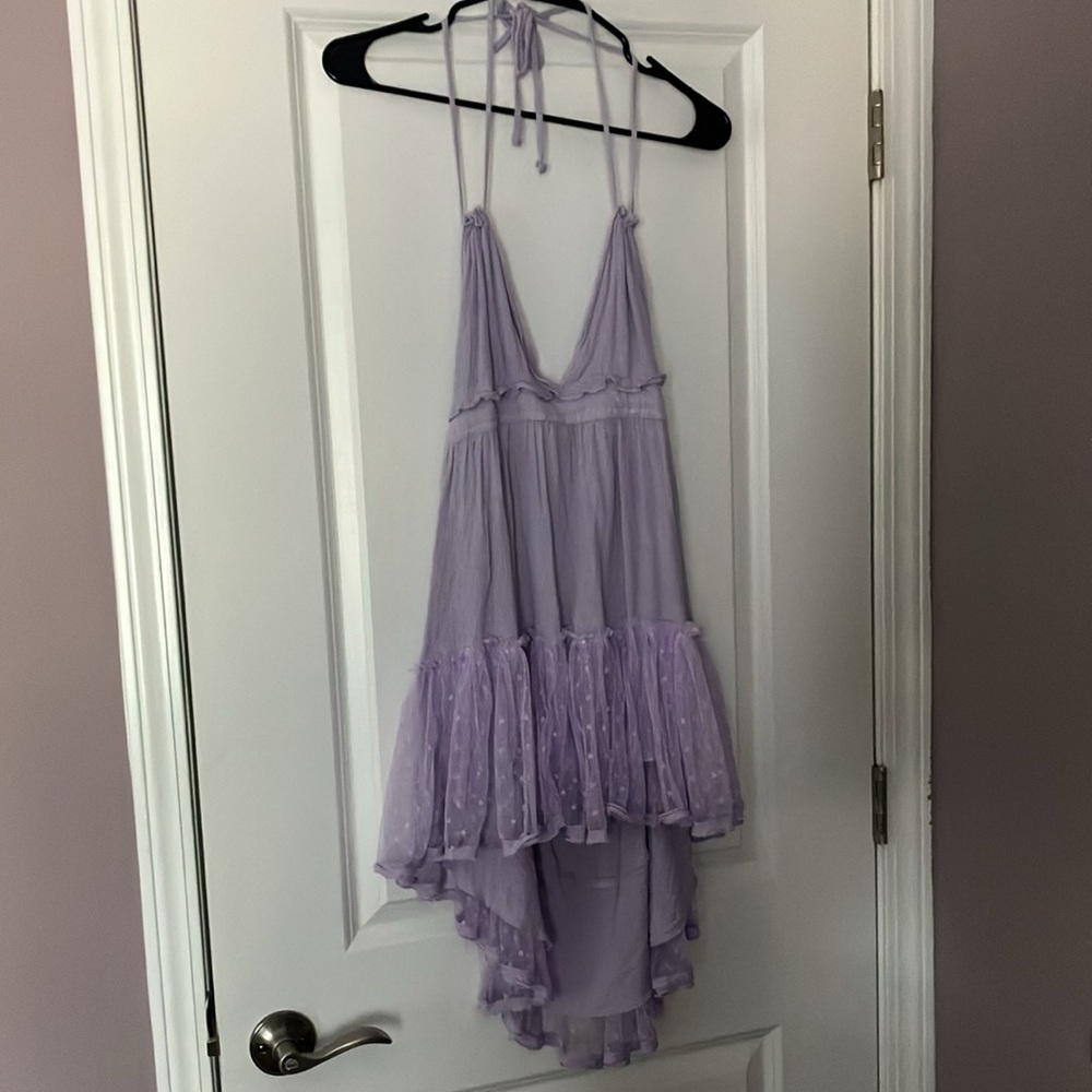 Boho Halter Dot Ruffle Mini Dress Lilac - Picture 2 of 6